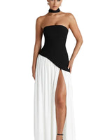Damen trägerloses Maxikleid mit asymmetrischer Taille und Schlitz in Schwarz