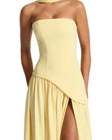 Damen trägerloses Maxikleid mit asymmetrischer Taille und Schlitz in Gelb