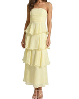 Damen trägerloses Maxikleid mit gestuftem Rock und Rüschenlagen in Buttergelb