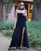 Damen trägerloses Maxikleid mit Halstuch-Element und Schlitzrock in Schwarz
