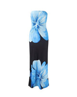 Damen Trägerloses Säulenkleid mit Großen Blumenmotiven in Schwarz/Blau