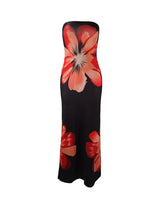 Damen Trägerloses Säulenkleid mit Großen Blumenmotiven in Schwarz/Rot