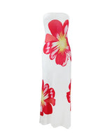 Damen Trägerloses Säulenkleid mit Großen Blumenmotiven in Weiß/Rosa