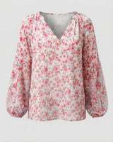 Damen V-Ausschnitt Bluse mit Blumenmuster und langen Ärmeln in Rosa