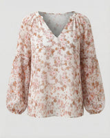 Damen V-Ausschnitt Bluse mit Blumenmuster und langen Ärmeln in Braun