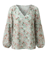 Damen V-Ausschnitt Bluse mit Blumenmuster und langen Ärmeln in Grün