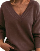 Frieda | Damen V-Ausschnitt Kaschmir-Blend Langarm Sweater in Rotbraun