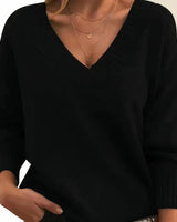 Frieda | Damen V-Ausschnitt Kaschmir-Blend Langarm Sweater in Schwarz