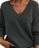 Frieda | Damen V-Ausschnitt Kaschmir-Blend Langarm Sweater in Dunkelgrau