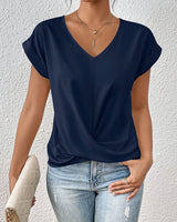 Katharina | Damen V-Ausschnitt Kurzarm Shirt mit Twist-Detail in Marineblau