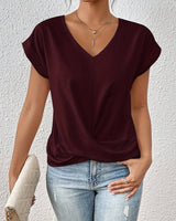 Katharina | Damen V-Ausschnitt Kurzarm Shirt mit Twist-Detail in Burgund
