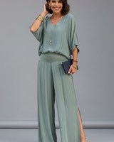 Damen V-Ausschnitt Oberteil und Weite Hose Set in Mintgrün
