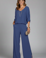 Damen V-Ausschnitt Oberteil und Weite Hose Set in Blau