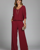 Damen V-Ausschnitt Oberteil und Weite Hose Set in Burgund