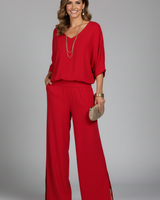 Damen V-Ausschnitt Oberteil und Weite Hose Set in Rot