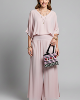 Damen V-Ausschnitt Oberteil und Weite Hose Set in Rosa