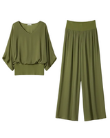 Damen V-Ausschnitt Oberteil und Weite Hose Set in Grün