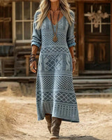 Amelie | Damen Vintage Langarmkleid mit V-Ausschnitt fließend leicht in Hellblau