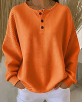 Marlene | Damen Waffelstrick Knit Sweater Langarm Henley Pullover in Orange
