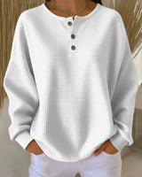 Marlene | Damen Waffelstrick Knit Sweater Langarm Henley Pullover in Weiß