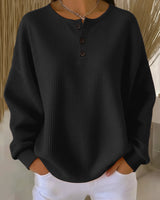 Marlene | Damen Waffelstrick Knit Sweater Langarm Henley Pullover in Schwarz