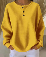 Marlene | Damen Waffelstrick Knit Sweater Langarm Henley Pullover in Gelb