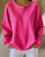 Amelie | Damen Waffelstrick Oversized Rundhals Langarm Pullover in Leuchtendes Pink