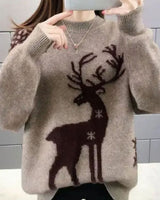 Marlene | Damen Weihnachtspullover mit Rentiermotiv Oversized Strickpullover in Braun