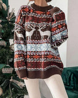 Johanna | Damen Weihnachtspullover mit Rentiermuster lockere Passform festlicher Strickpullover in Braun