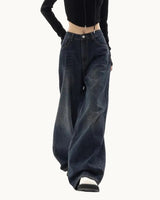 Damen Weite Hose aus Denim mit Mittlerer Bundhöhe Knopfverschluss und Vordertaschen in Dunkelblau