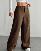 Damen Weite Hose mit Hohem Bund Knopfverschluss und Aufgesetzten Taschen in Braun