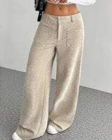 Damen Weite Hose mit Hohem Bund Knopfverschluss und Aufgesetzten Taschen in Khaki