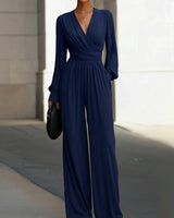 Katharina | Damen Wickel Jumpsuit Langarm Weites Bein V-Ausschnitt in Navy Blue