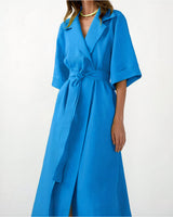 Damen Wickel-Midikleid mit Reverskragen, Weiten Ärmeln und Taillenband in Blau