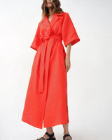 Damen Wickel-Midikleid mit Reverskragen, Weiten Ärmeln und Taillenband in Orange