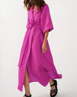 Damen Wickel-Midikleid mit Reverskragen, Weiten Ärmeln und Taillenband in Fuchsia