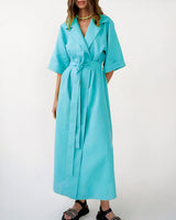 Damen Wickel-Midikleid mit Reverskragen, Weiten Ärmeln und Taillenband in Türkis