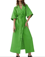 Damen Wickel-Midikleid mit Reverskragen, Weiten Ärmeln und Taillenband in Grün