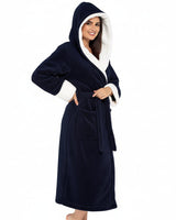 Damen Wickelbademantel mit Kapuze, Gürtel und aufgesetzten Taschen in Marineblau