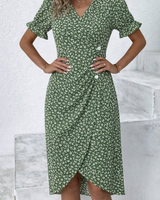 Damen Wickelkleid in Midi-Länge mit V-Ausschnitt Rüschenärmeln Seitlicher Knopfleiste und Blumenmuster in Grün
