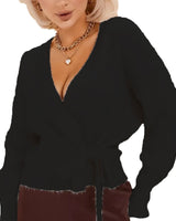 Damen Wickelstrickpullover mit V-Ausschnitt und Bindegürtel in Schwarz