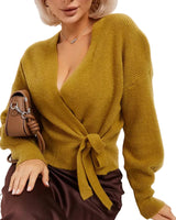 Damen Wickelstrickpullover mit V-Ausschnitt und Bindegürtel in Kamel