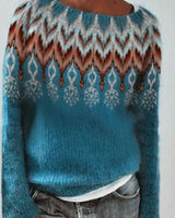 Katharina | Damen Winterpullover nordischem Muster Rundhals Weihnachtsstrickpullover in Hellblau