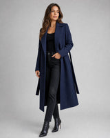 Hannah | Damen Wollmix Trench Coat Langer Gürtelmantel mit Reverskragen in Marine