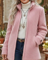 Sophie | Damen Women Coat Flauschige Lammwoll-Jacke Stehkragen Reißverschluss in Rosa