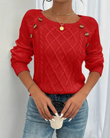 Elfriede | Damen Zopfmuster Knit Sweater Rundhals Raglanärmel Acryl Pullover in Rot