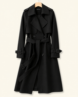 Damen Zweireihiger Trenchcoat mit Gürtel und Reverskragen sowie Ärmelriemen in Schwarz