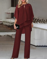 Emilia | Damen Zweiteiler Wide Leg Pants Layered Chiffon Oberteil in Weinrot