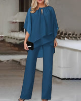 Emilia | Damen Zweiteiler Wide Leg Pants Layered Chiffon Oberteil in Saphirblau