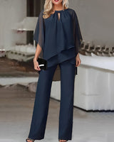 Emilia | Damen Zweiteiler Wide Leg Pants Layered Chiffon Oberteil in Marineblau